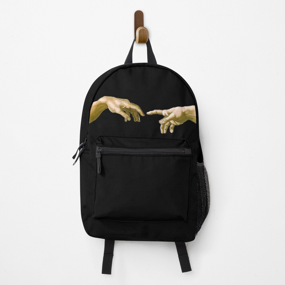 Touch of God, The Creation of Adam, (close up), Michelangelo, 1510, Genesis, Ceiling, Sistine Chapel, Rome, on BLACK. Backpack