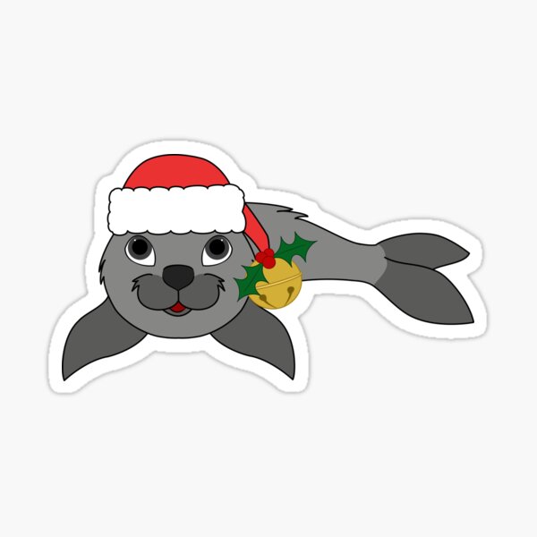Item preview, Gray Baby Seal with Santa Hat, Holly & Gold Bell designed and sold by Grifynne.