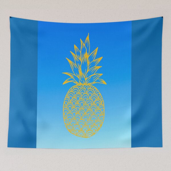 Item preview, Yellow Pineapple with leaves on blue backround designed and sold by Delicarte.