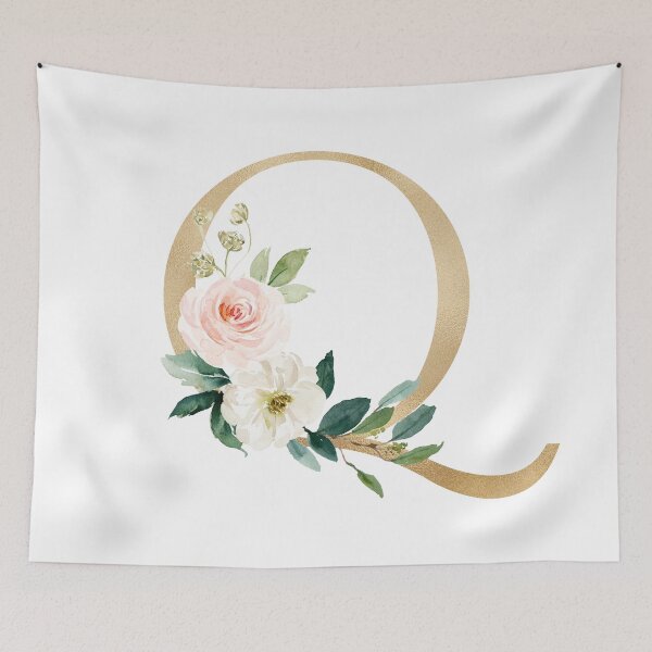 Item preview,  Monogram letter Q - Faux gold foil and pink and white flowers and green leaves designed and sold by Citronelladesig.