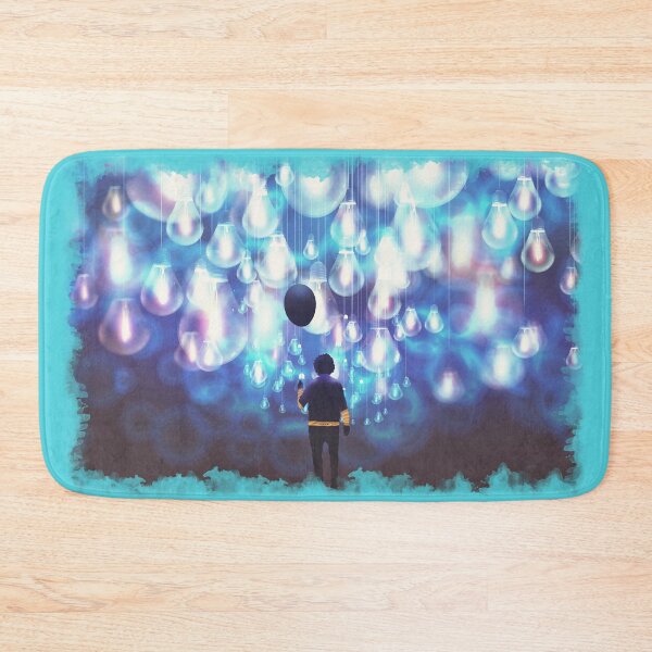 Item preview, Man with Black Balloon among a lot of Glowing Blue Light Bulbs. designed and sold by Ethiyo.