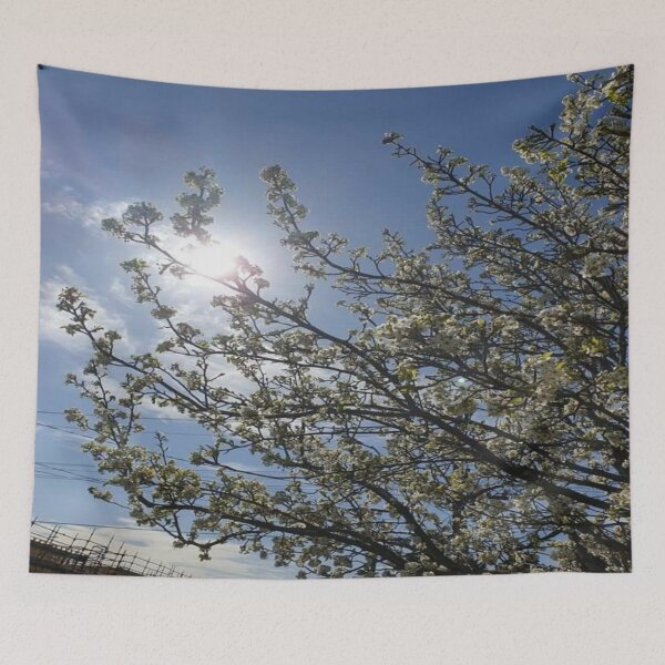 Item preview, sun brightly beaming through the peach blossom tree. designed and sold by JaneVictoria.