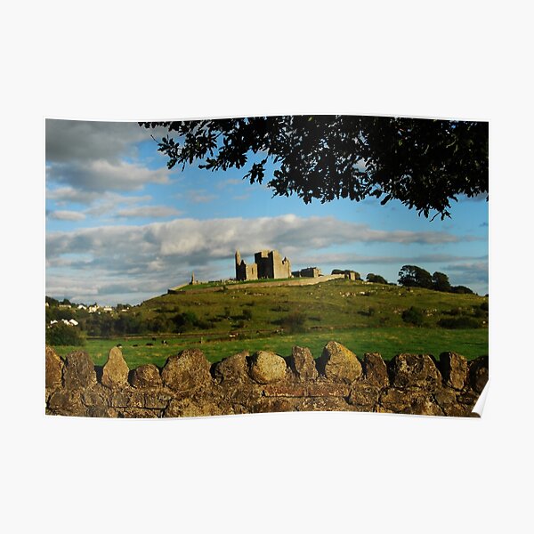 Rock of Cashel with a stone wall Poster