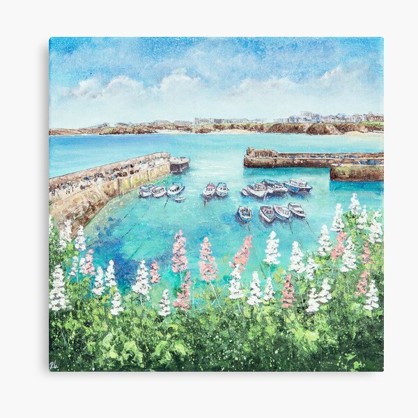 Newquay Harbour Flowers, Cornwall Art Canvas Print