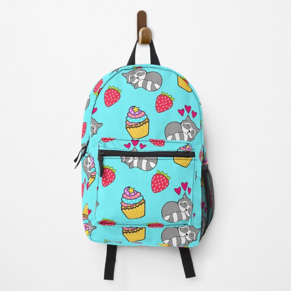 Cute happy sleeping dreaming Kawaii baby raccoon, sweet red summer strawberries and colorful rainbow yummy cupcakes bright light pastel blue design. Nursery decor. Backpack