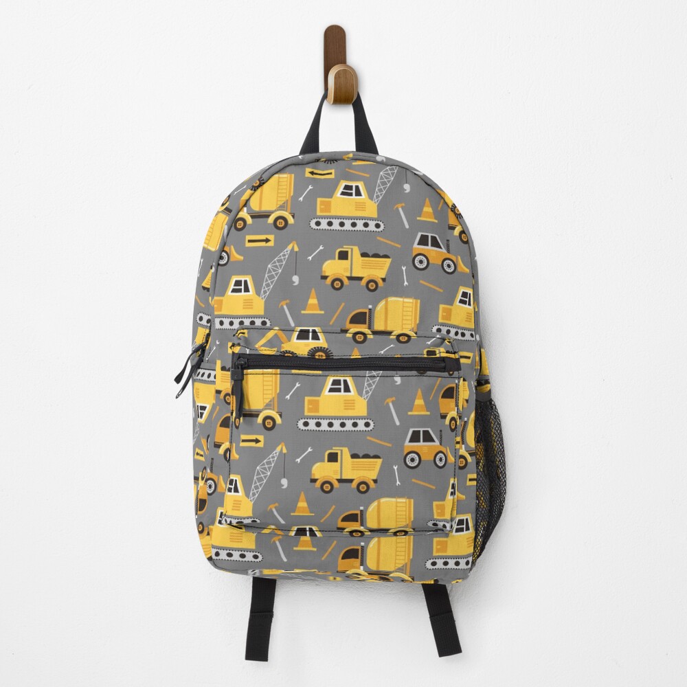 Construction Trucks on Gray Backpack