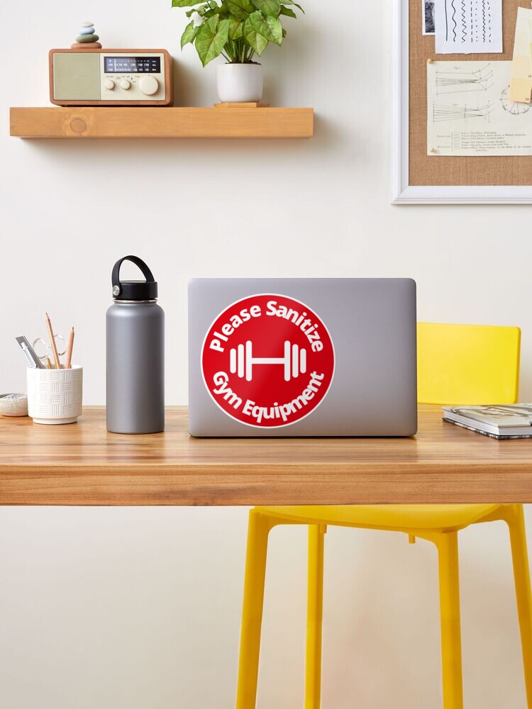 Sticker, Please Sanitize gym equipment - Rounded Sign, Red and White designed and sold by SocialShop