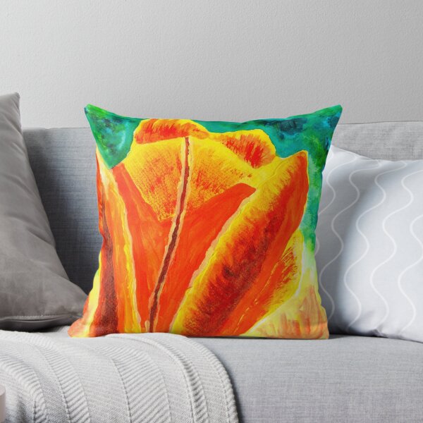Bright Yellow Orange Tulip Acrylic Floral Painting Throw Pillow