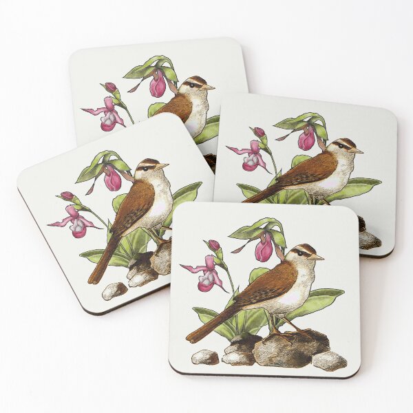 Item preview, Sparrow, Bird with Ladyslipper Flowers,  Garden Illustration designed and sold by JoyfulWhimsy.