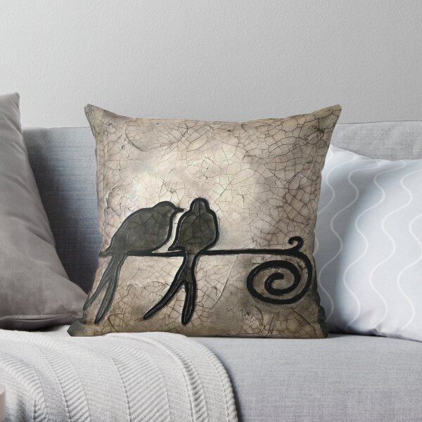 Two Birds Silhouette, Bird on a Wire, Crackle Art Throw Pillow