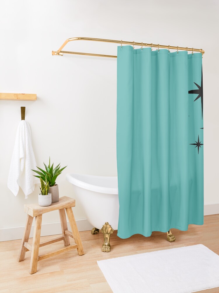 Alternate view of 1950s Atomic Age Retro Starburst in Turquoise and Black Shower Curtain