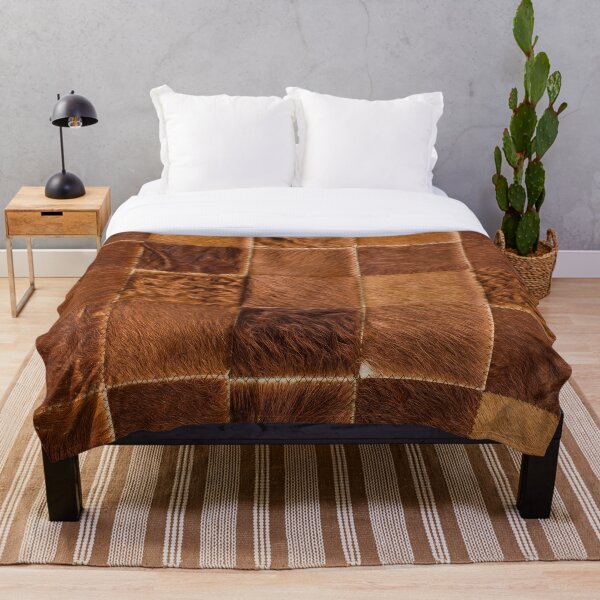 Brown Checkered Cowhide Patches Throw Blanket