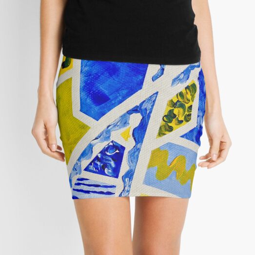Geometric Blue and Yellow Abstract Acrylic Painting Mini Skirt