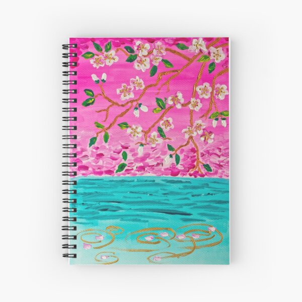Cherry Blossom Branch Sakura Water Ripples Acrylic Painting Spiral Notebook