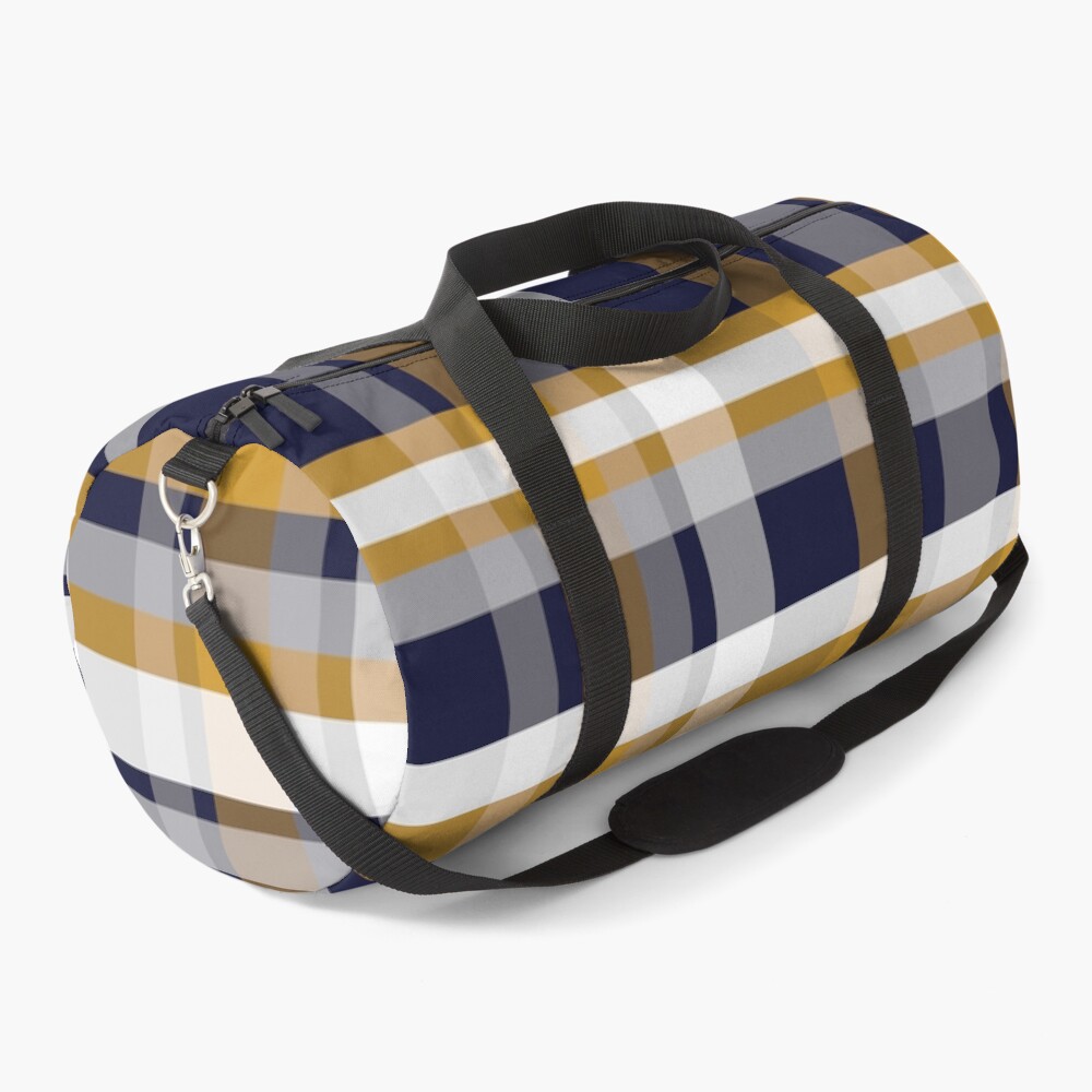 Modern Retro Plaid Pattern in Mustard, Navy Blue, Gray, and White Duffle Bag