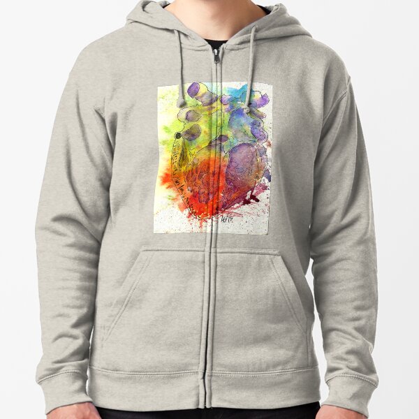 Anatomically Correct Rainbow Watercolor Heart Zipped Hoodie