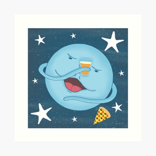 Cute Blue Moon, Pizza & Beer Cheers Cartoon Art Print