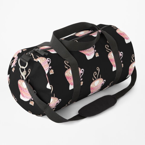 Cute pink cup of steaming coffee on black pattern Duffle Bag