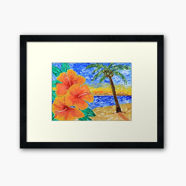 Tropical Beach Hibiscus Coconut Tree Sunrise Painting Framed Art Print