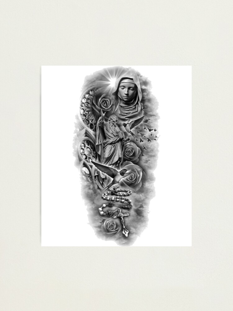Virgin Mary tattoo art. Symbol of Christianity religion, mother of Christ.  Blackwork adult flesh tattoo concept. Saint Mary with a child Jesus  template concept. Vector. Stock Vector | Adobe Stock