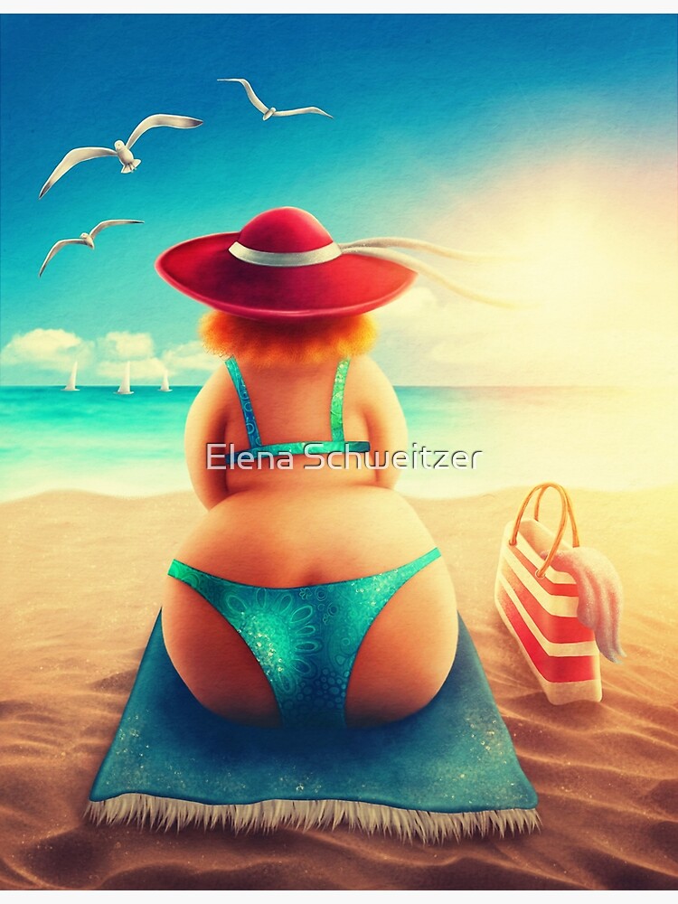 Cute plump woman sitting on the beach Art Print for Sale by Elena  Schweitzer