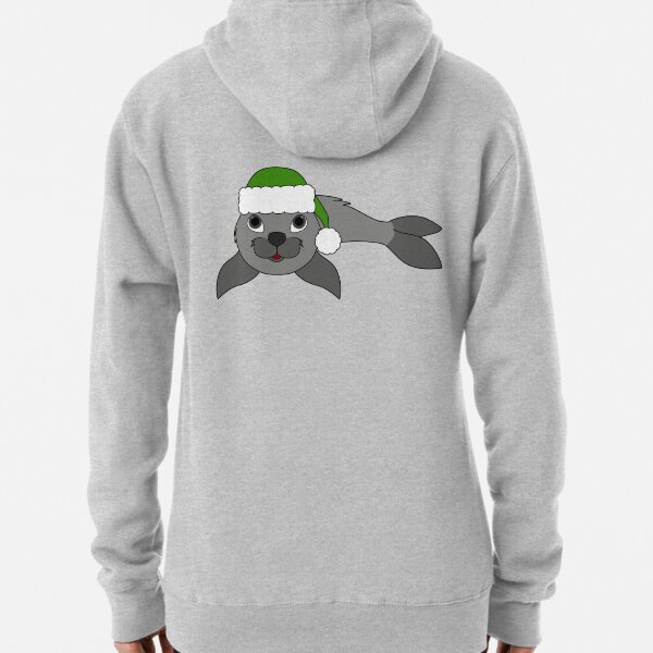 Gray Baby Seal with Christmas Green Santa Hat Pullover Hoodie