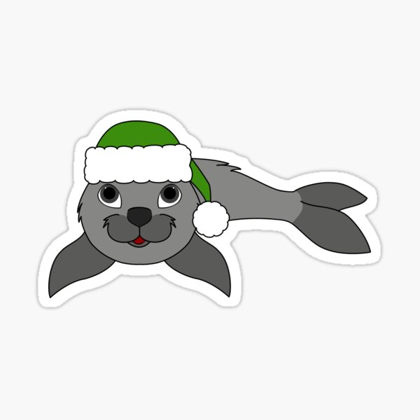 Item preview, Gray Baby Seal with Christmas Green Santa Hat designed and sold by Grifynne.