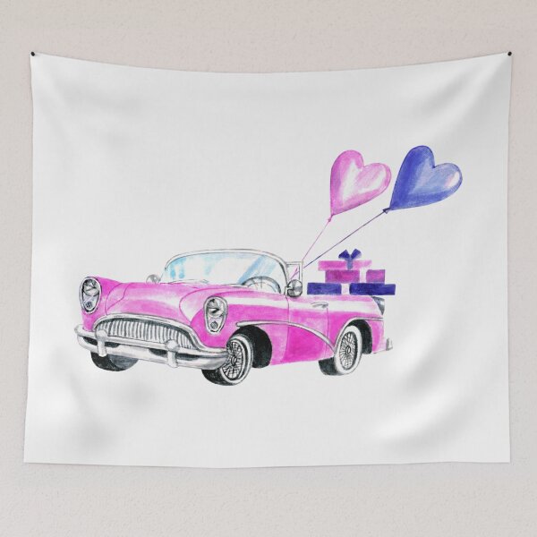 Item preview, Retro pink car cabriolet with gifts and heart balloons. designed and sold by Colibri77.