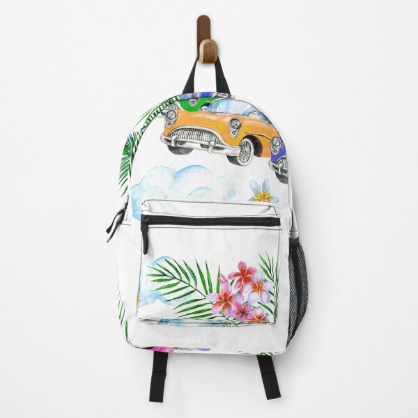 Item preview, Pink, green, yellow, blue retro car cabriolet with palm leaves and exotic flowers. designed and sold by Colibri77.