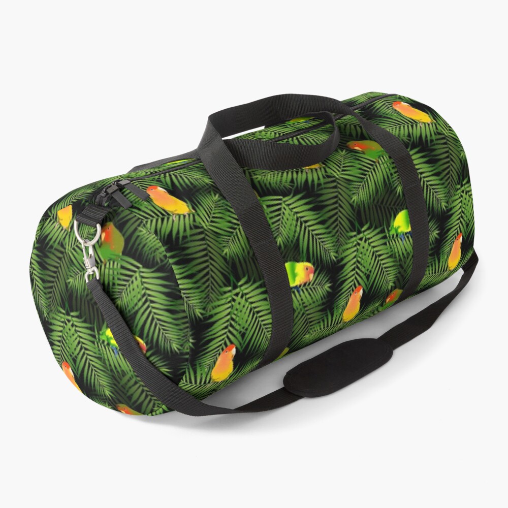 Yellow Lovebird Parrot & Palm Leaves Duffle Bag