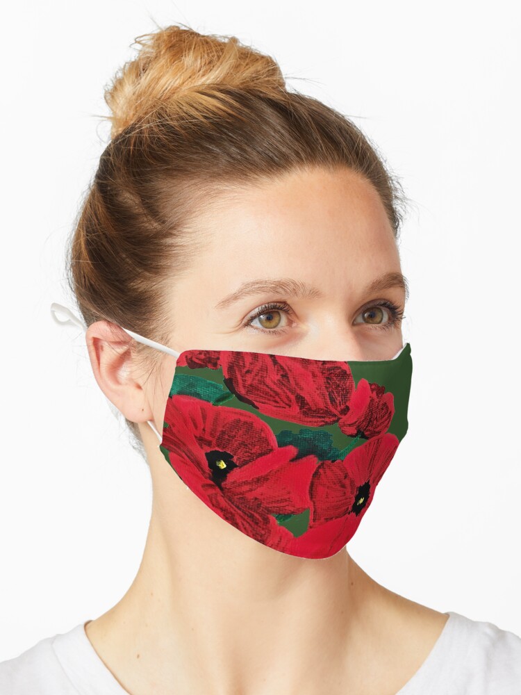 Mascarilla «Amapolas Pintadas Flores Rojas Verde Del Ejército» de 