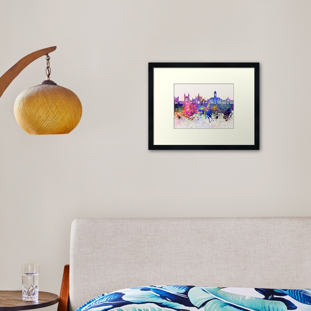 Cambridge skyline in watercolor background Framed Art Print