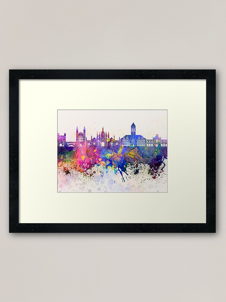 Alternate view of Cambridge skyline in watercolor background Framed Art Print