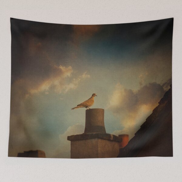 Item preview, pigeon sitting on a chimney designed and sold by Dyrk Wyst Redbubble Shop.