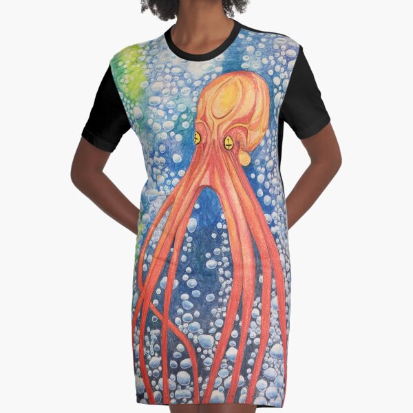 Red Bubble Squid Underwater Graphic T-Shirt Dress