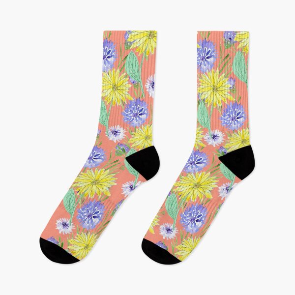 Item preview, Sunflowers and Cornflowers Pattern, Coral Background designed and sold by mhailittlearts.
