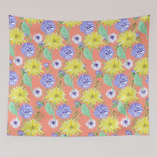 Item preview, Sunflowers and Cornflowers Pattern, Coral Background designed and sold by mhailittlearts.