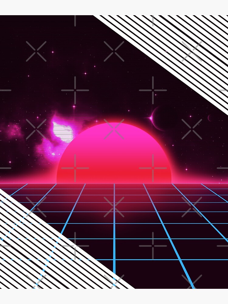 Sundown Sunrise Scenery In A Retro 80s 90s Grid Outrun Style Graphic