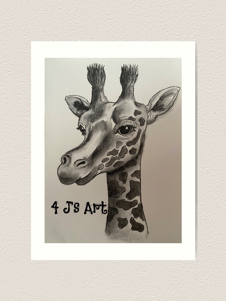 "Giraffe in black and white, simple charcoal drawing with lifelike