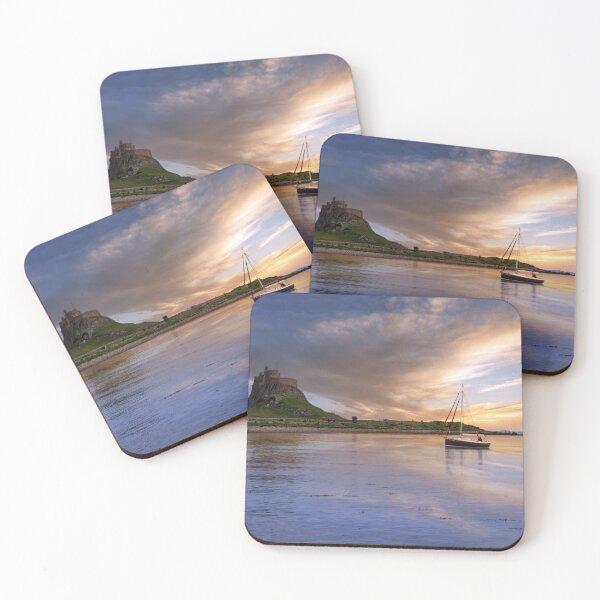Item preview, fishing boat in holy island harbour with lindisfarne castle designed and sold by EcDigitalPhoto.