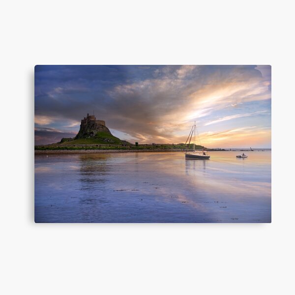 fishing boat in holy island harbour with lindisfarne castle Metal Print