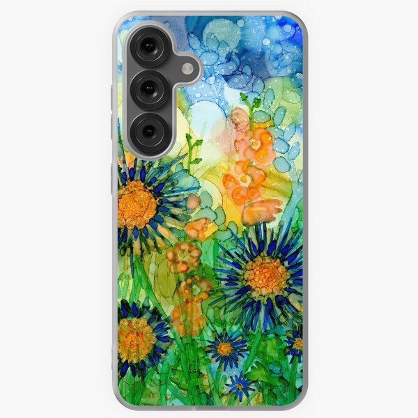 Artikel-Vorschau von  Das Hollyhocks & Blue-Design bietet fröhliche Blumen im blauen Gänseblümchenstil mit hohen Korallen-Stockrosen. Ich habe es ursprünglich mit Alkoholtinten auf A5 Yupo-Papier gemalt., designt und verkauft von MillieMoth.
