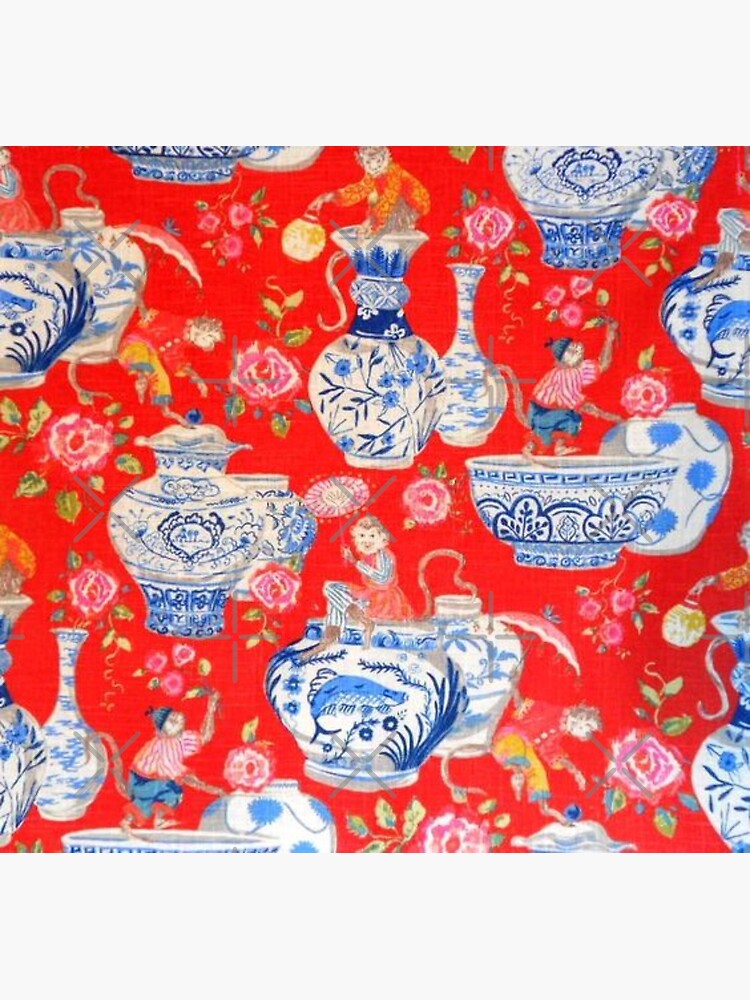 "Red Chinoiserie with blue and white china and a cheeky monkey " Poster