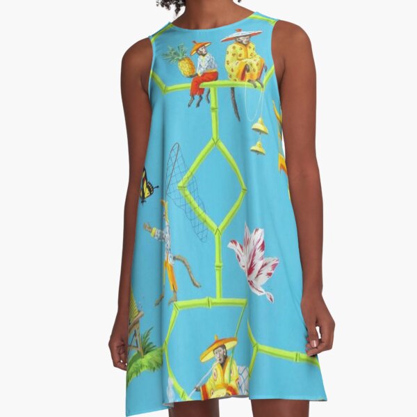 Turquoise and Apple green monkey world Chinoiserie A-Line Dress