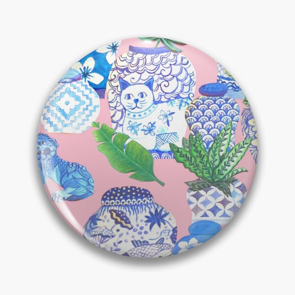 Item preview, pink Chinoiserie botanical Chinese ginger jars and foo dogs with palms on pink designed and sold by MagentaRose.