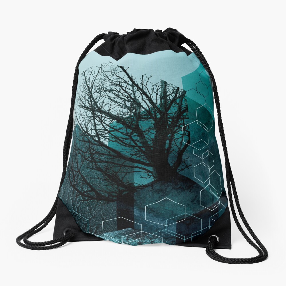 Teal Tree Geometric Drawstring Bag