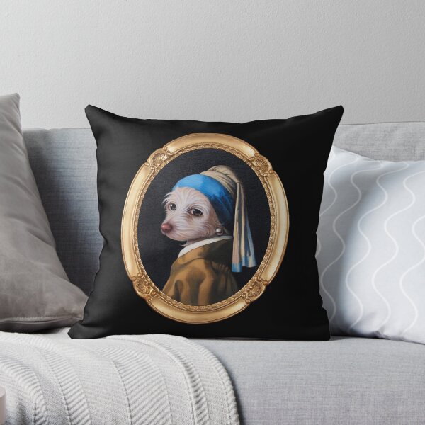 The Dog With the Pearl Earring (Gold Frame) Throw Pillow
