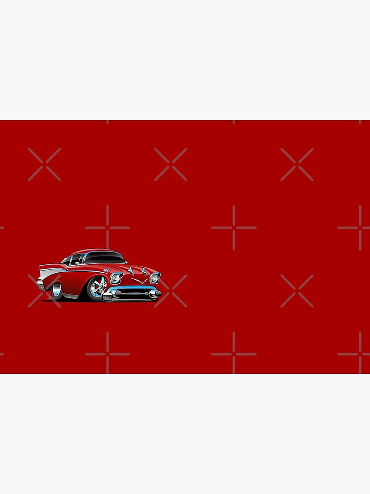 Classic hot rod 57 muscle car, low profile, big tires and rims, candy apple red cartoon by hobrath