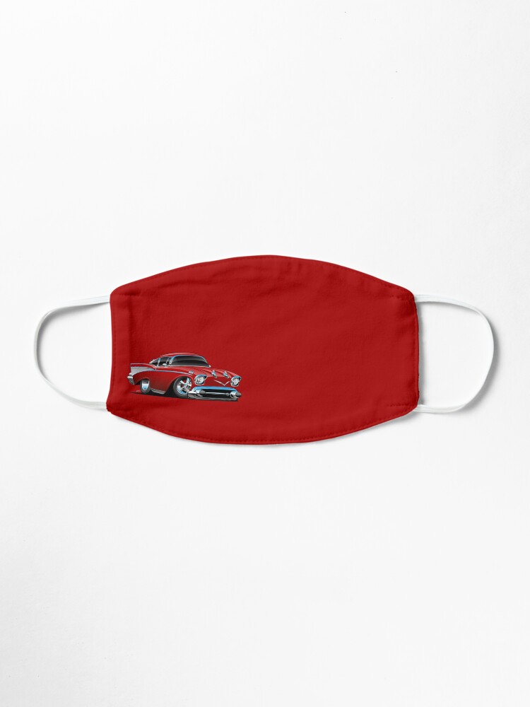 Alternate view of Classic hot rod 57 muscle car, low profile, big tires and rims, candy apple red cartoon Mask