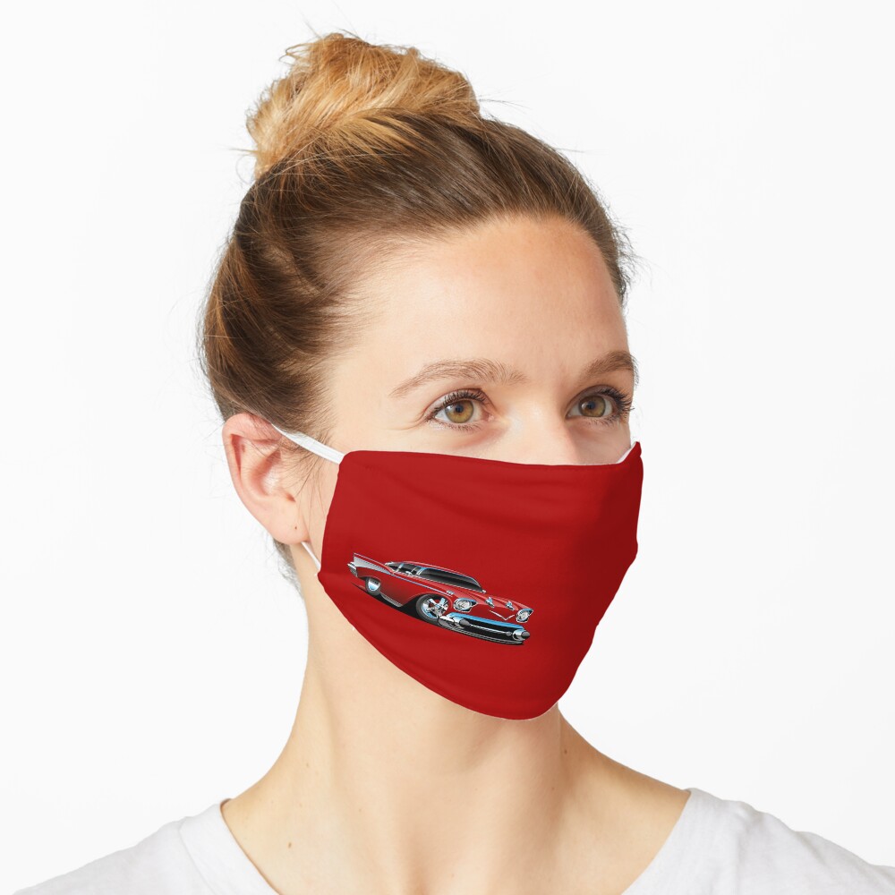 Classic hot rod 57 muscle car, low profile, big tires and rims, candy apple red cartoon Mask